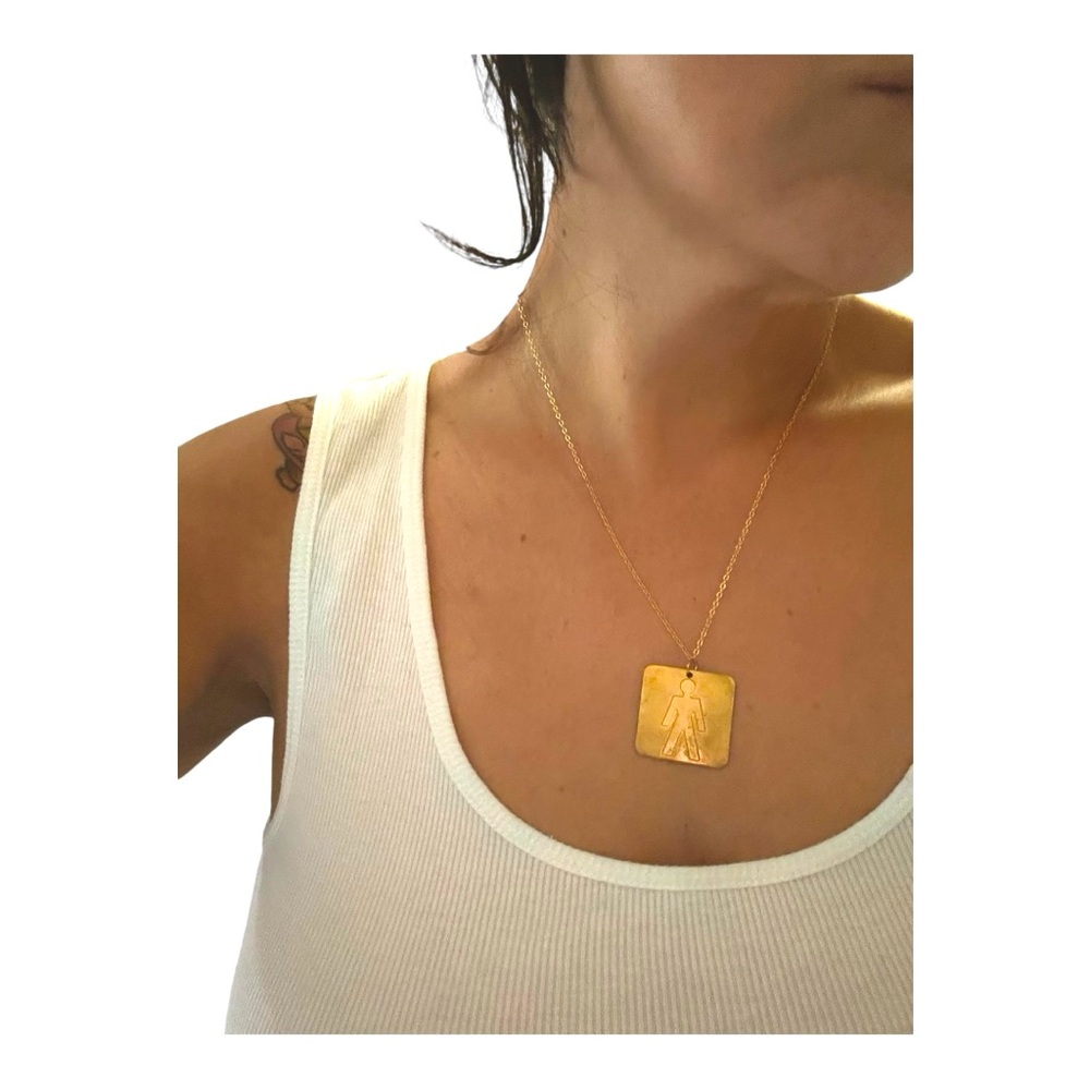 Handmade Necklace Male Motif Figure Square Brass Pendant on a Dainty Gold Chain